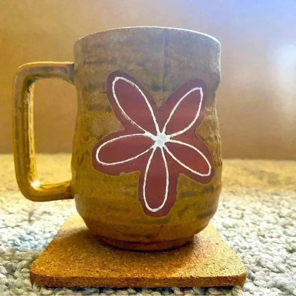 Vintage Floral Stoneware Coffee‎ Cup Mug Brown Handmade